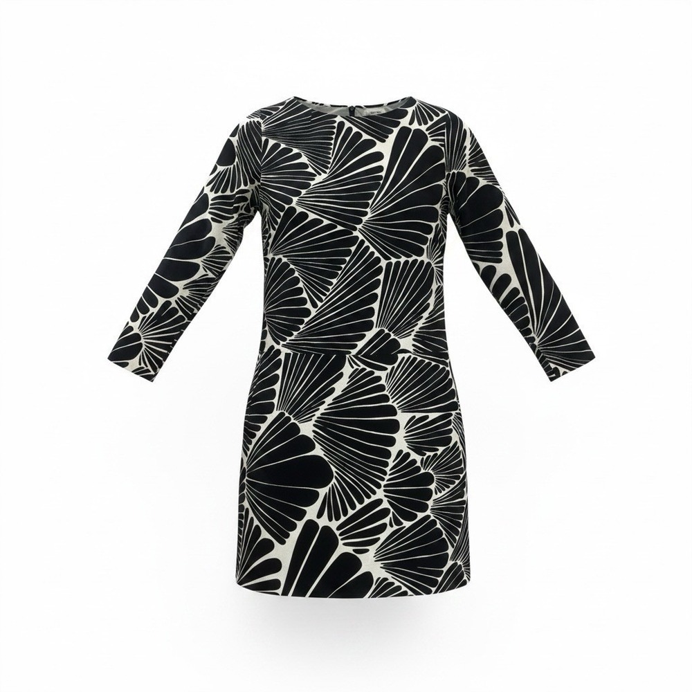 J.Crew Jules Black White Fanfare Crepe 3/4 Slv Lined Shift Dress Size 2